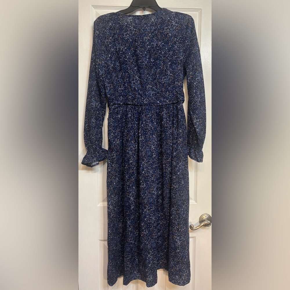 Universal Thread Navy Blue Floral Twist-Front Balloon Long-Sleeve Dress, Size S - Picture 3 of 6